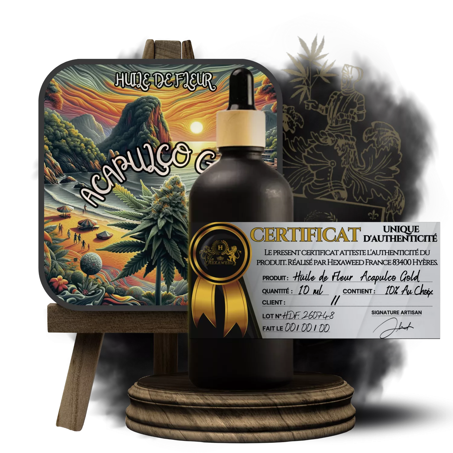 Flacon d'Huile de Fleur Acapulco Gold 10% avec certificat d'authenticité et illustration de cannabis devant un paysage tropical au coucher du soleil.