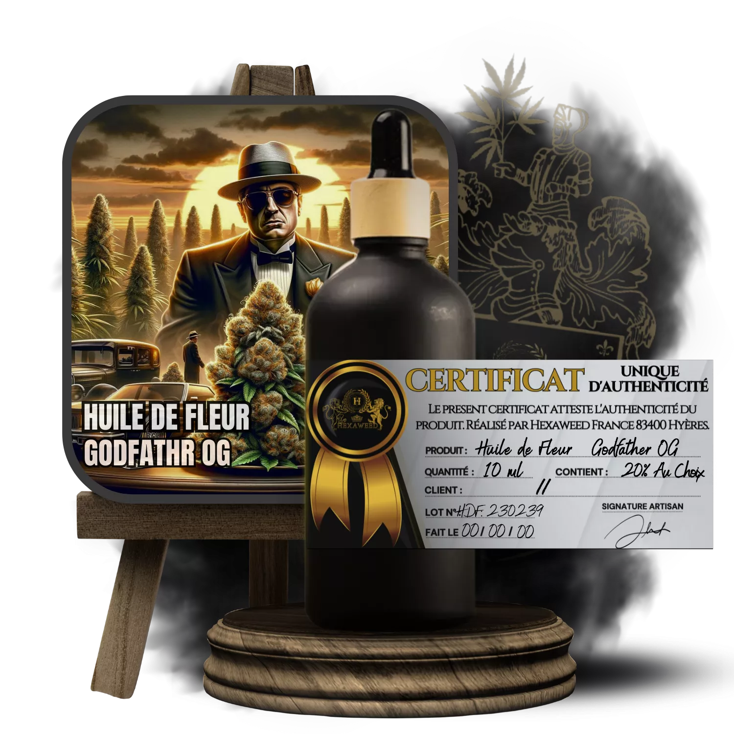 Flacon d'Huile de Fleur Godfather OG 20% avec certificat d'authenticité et illustration de cannabis avec un personnage style parrain devant un coucher de soleil.