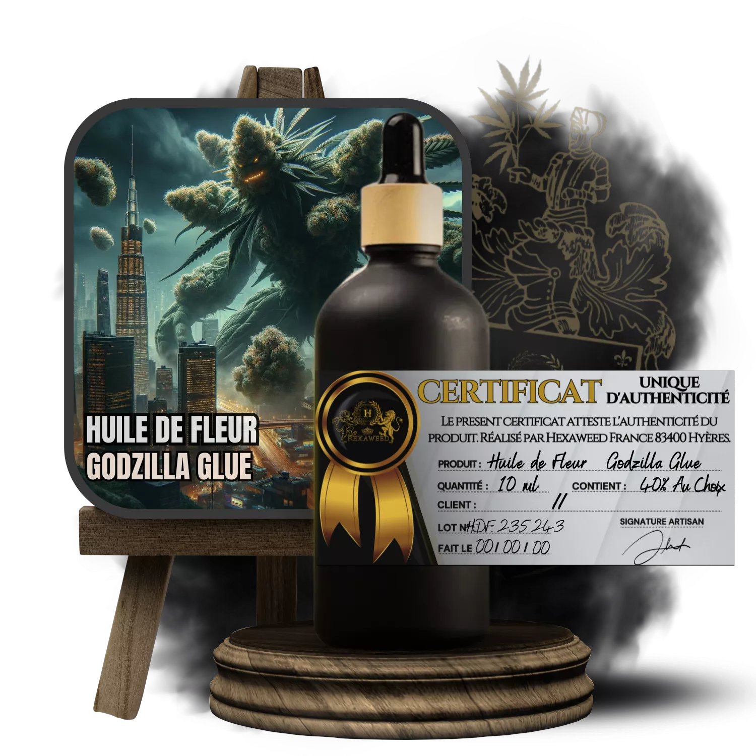 Flacon d'Huile de Fleur Godzilla Glue 40% avec certificat d'authenticité et illustration de Godzilla fait de cannabis surplombant une ville.