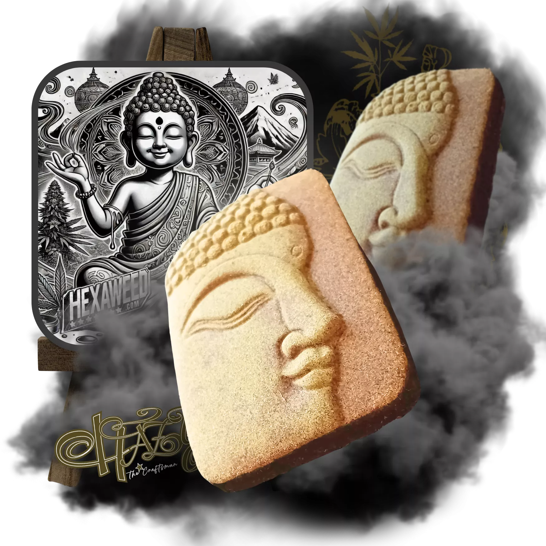 Art Hash Malana Résines de cannabis sculptées en forme de visage de Bouddha avec une illustration artistique de bourgeons de cannabis et de Bouddha en arrière-plan, réalisées par Hazy The Craftsman.