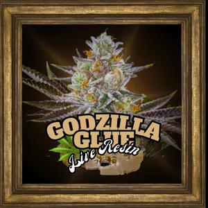 Godzilla Glue Live Resin avec un fond noir et un cadre doré.