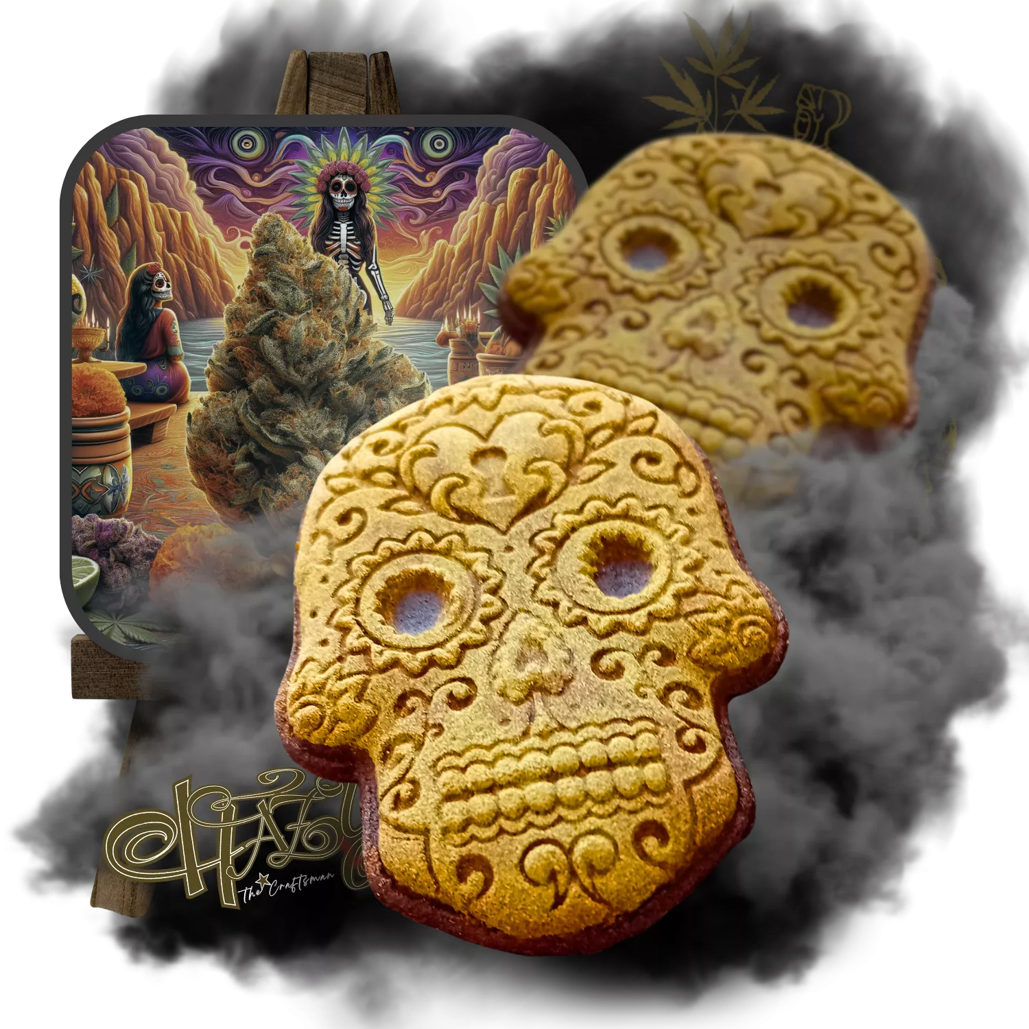 Hash Art Chiapas Résines de cannabis façonnées en crânes festifs, illustrant l'esprit du Jour des Morts, conçues par l'artisan renommé Hazy The Craftsman