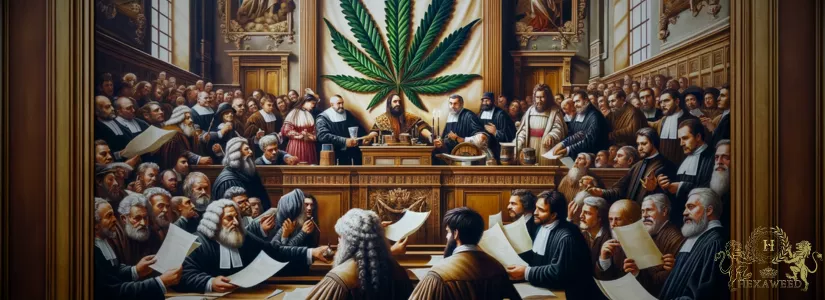 Peinture numérique style Renaissance représentant le vote de légalisation du cannabis médical par le Parlement ukrainien, avec une figure centrale tenant une feuille de cannabis symbolique.