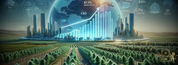 La croissance du marché du CBD avec des gratte-ciels représentant les régions clés et un graphique de croissance, entourés de champs de chanvre.