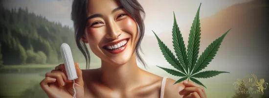 Femme souriante tenant un tampon CBD et une feuille de cannabis, symbolisant l'innovation et le soulagement dans la gestion des douleurs menstruelles