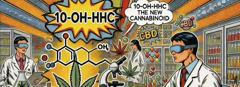 Image pop art de scientifiques travaillant sur des cannabinoïdes, représentant la découverte du 10-OH-HHC.