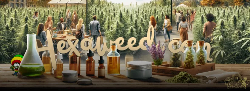 Un champ de cannabis avec des produits CBD exposés sur une table en bois, des personnes explorant le champ, et une ville moderne en arrière-plan, représentant la popularité croissante du CBD et du cannabis en 2024.