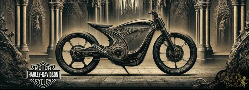 Vélo électrique Harley-Davidson en composite de chanvre, dans un cadre gothique.