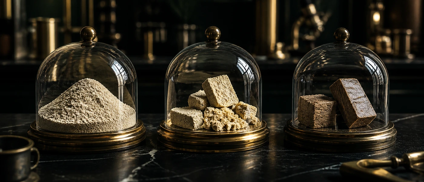 Kief, Dry Sift et Hash CBD présentés sous cloches dans un décor premium