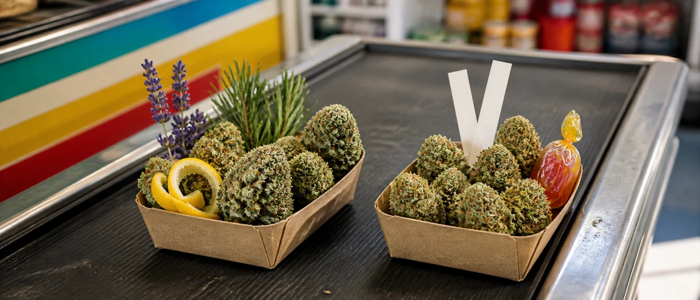 Comparaison entre fleurs CBD naturelles et aromatisées sur un tapis de caisse rétro