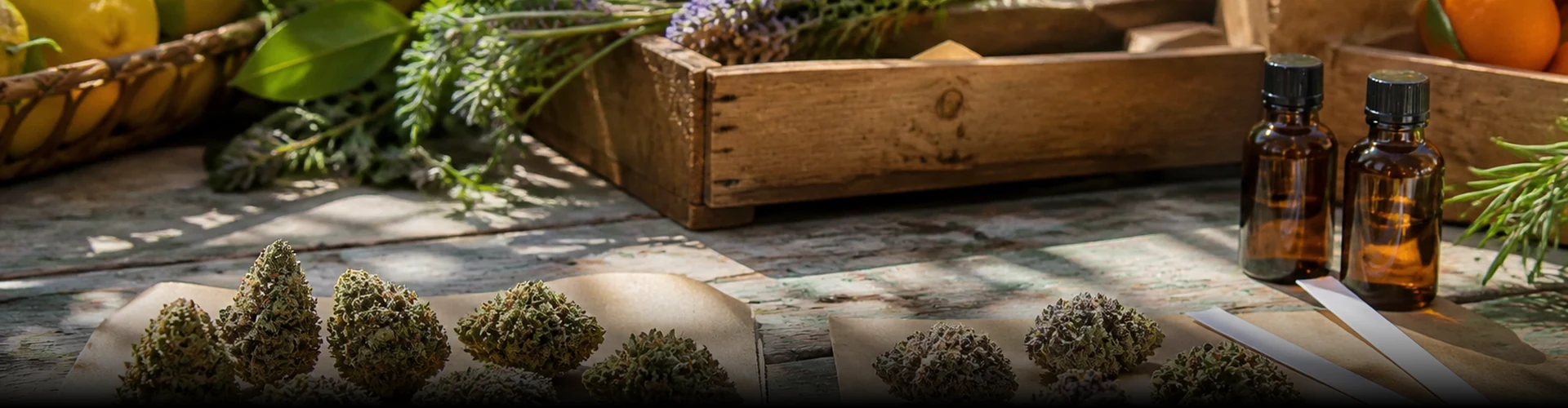 Fleurs CBD naturelles et aromatisées comparées sur un marché botanique en lumière du jour