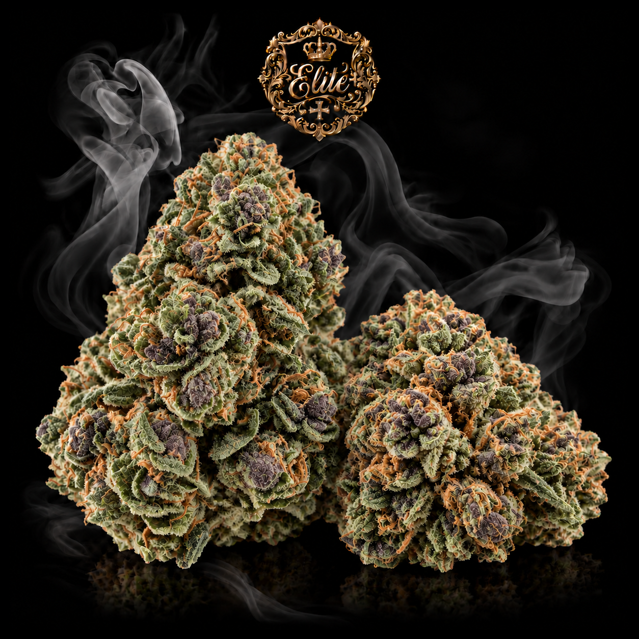 Illustration de PINK PANTHER ELITE+ : deux fleurs aux couleurs naturelles, médaillon doré Elite+ et fumée sur fond noir.